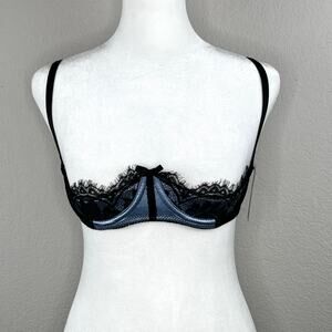 Frederick’s of Hollywood Blue Satin Lace Lux Open Cup Underwire Shelf Bra 10 NWT